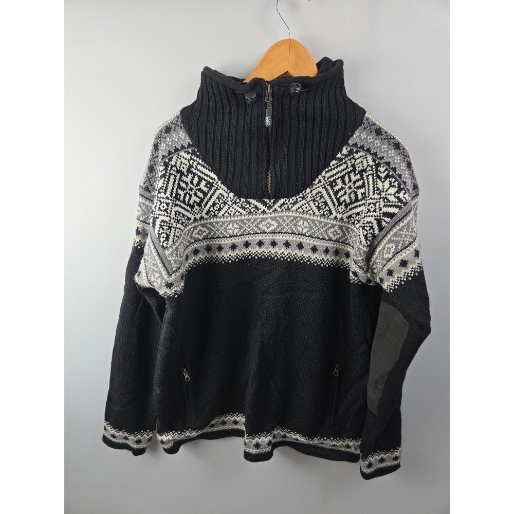Nor Wear Vintage Nordic Fair Isle Wool Sweater Black Grey Mens Large Pullover